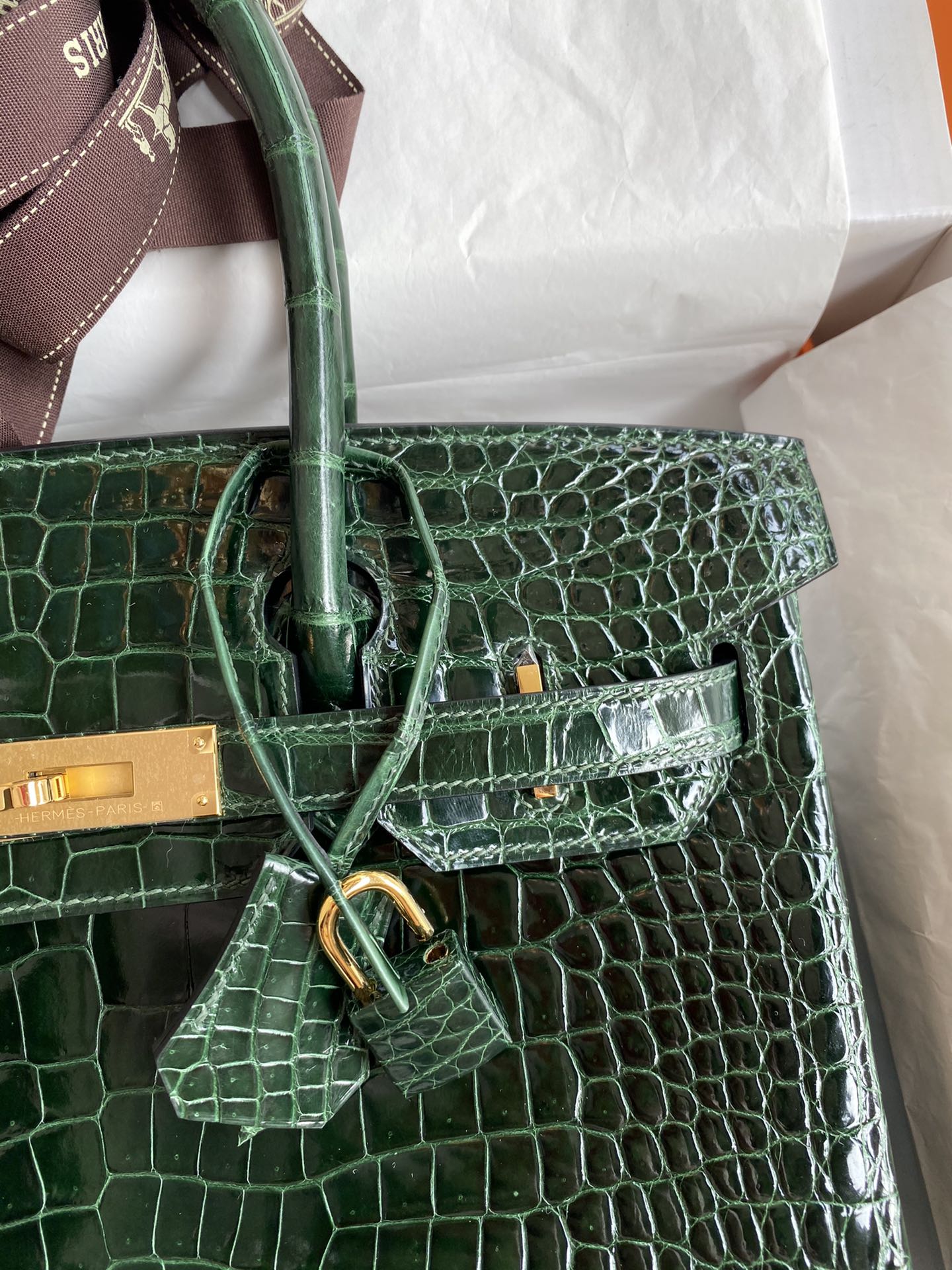 Hermes Birkin 30CM Handmade Bag In Green Crocodile Porosus Shiny Skin